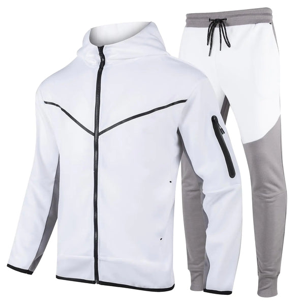 ANGELA BEBE Mens Tracksuits Sweatsuits For Men Hooded Tracksuit Sweatsuit Long Sleeve Full-Zip Jogging Sweatpants 2 Piece Set Sports Causal Jogging Warm Suit（S White/Ash Grey）