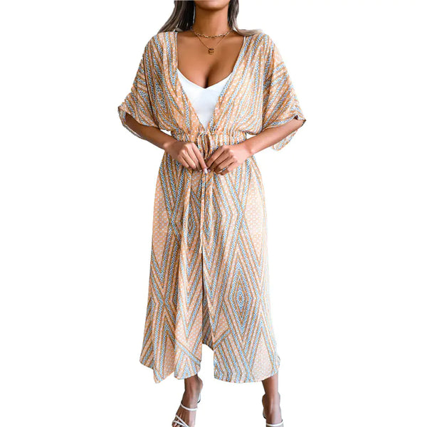 Women's Casual Printed Chiffon Cardigan with Lace-up