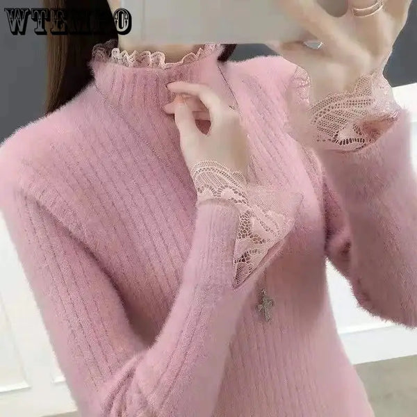 Y2K Women's Knitted Wool Sweater with Standing Collar