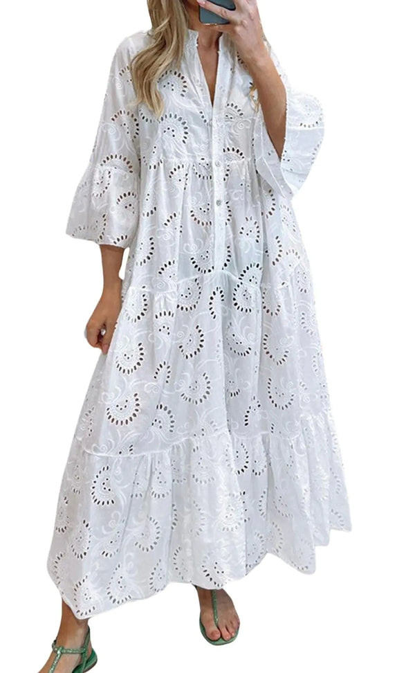 CHARTOU Women Cotton Eyelet Maxi Dress Embroidered Flowy Dress Boho Lace Shirt Dress Summer Tiered Swing A Line Dress (X-Large White)