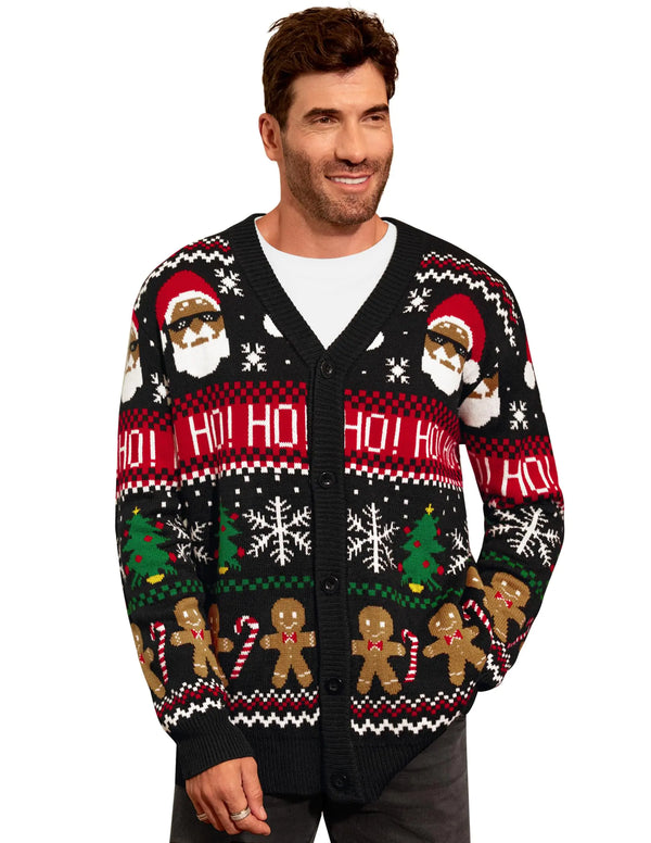Men Christmas Cardigan Funny Xmas Tree Knitwear Multicolored Black Santa HO Candy Canes Classic Knitted Outerwear XL