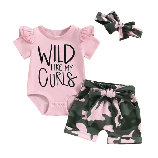 Douhoow Baby Girls Summer Clothes Letters Baby Girl Romper Baby Shorts With Headband 3 Piece Infant Girl Set (Pink A 6-12 Months)