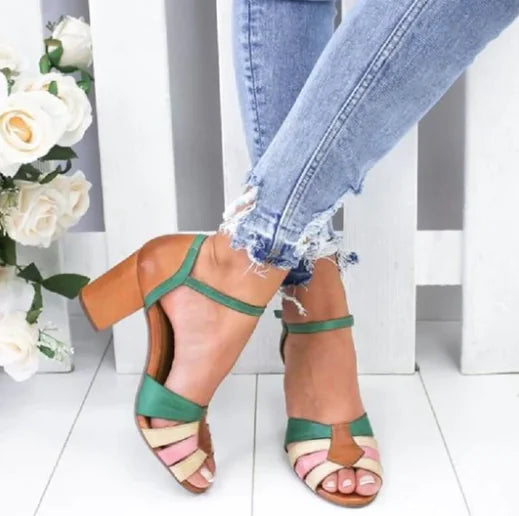 Color Block Buckle Women's Block Heel Sandals