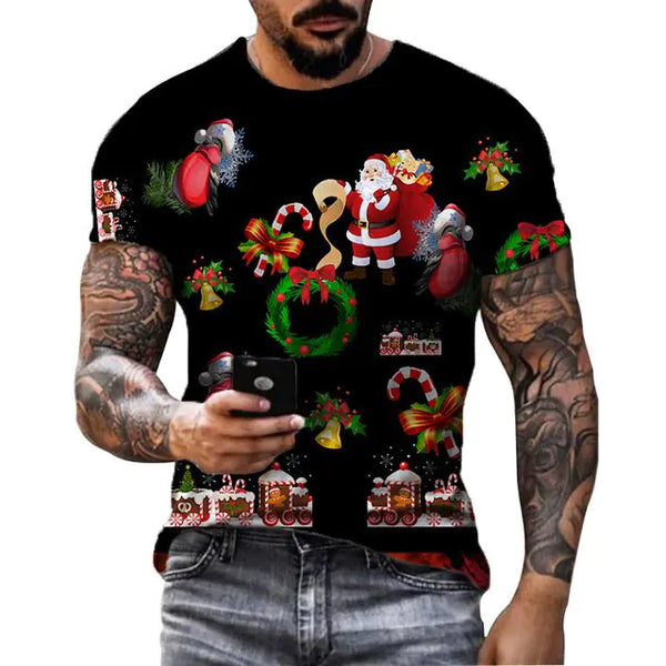 Christmas Print Casual Men's Polyester T-Shirt