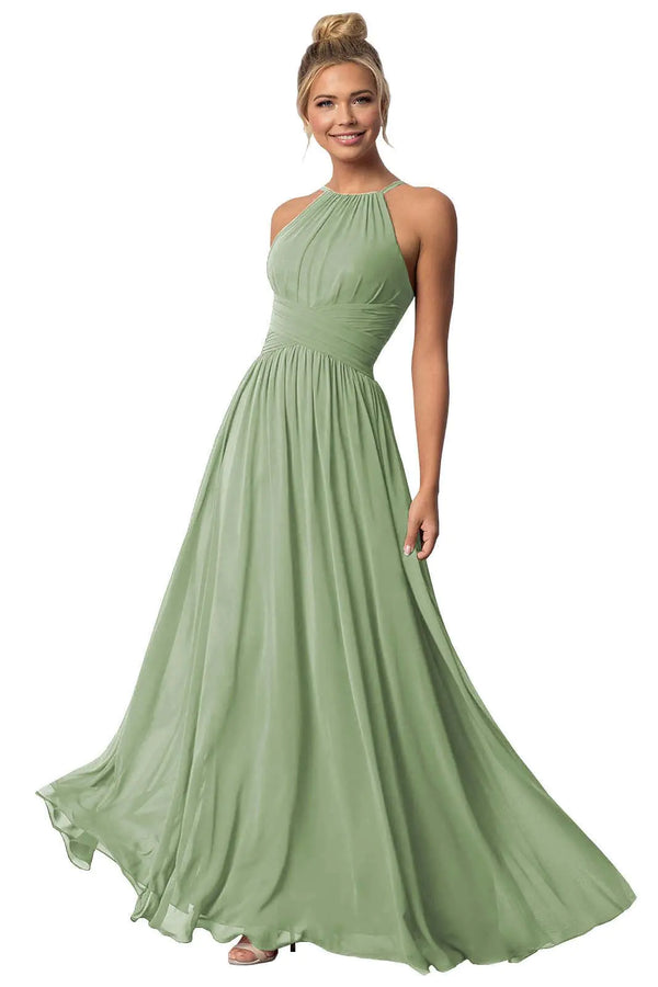 HANVAIOS Halter Chiffon Bridesmaid Dresses Sage Green Spaghetti Straps Long Evening Dress for Women Formal Size 8