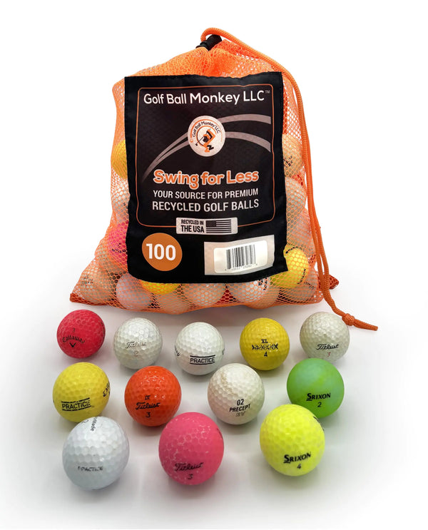 Golf Ball Monkey Golf Balls - Cheap Assorted Hit Away/Shag Golf Balls Bulk - Recycled & Used Golf Balls - Includes 100 Recycled Golf Balls and Mesh Carrying Bag