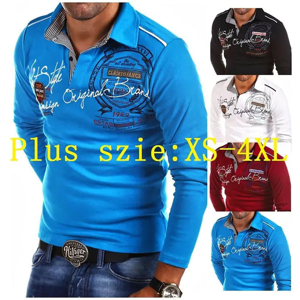 Men's Long Sleeve Polo Shirt with Printed Lapel Design