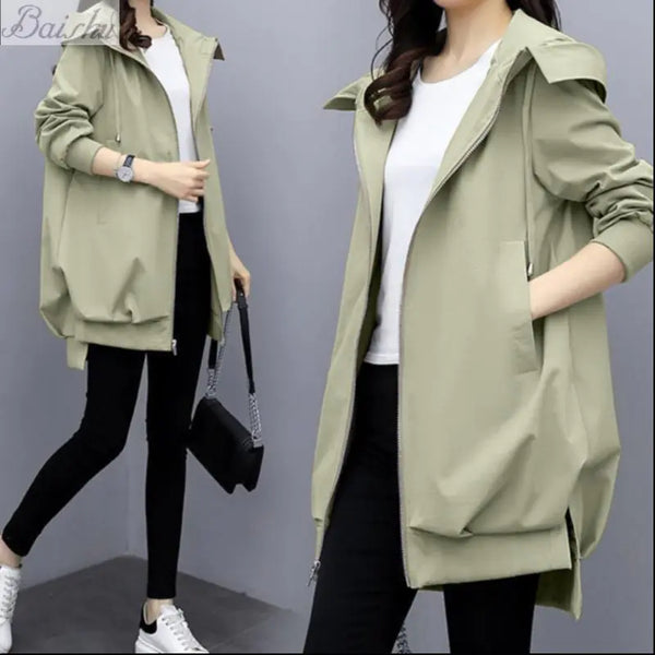 Casual Hooded Mid-Length Trench Coat