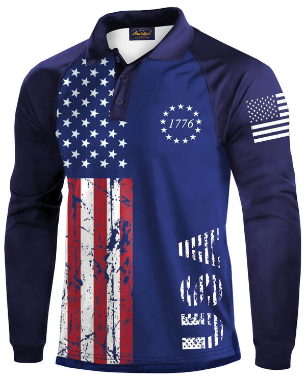 Man July 4 Military Golf Poloshirt Funny America Printing Hiking Polo Long Sleeve Fitted Star and Flag Raglan Polo Top XL