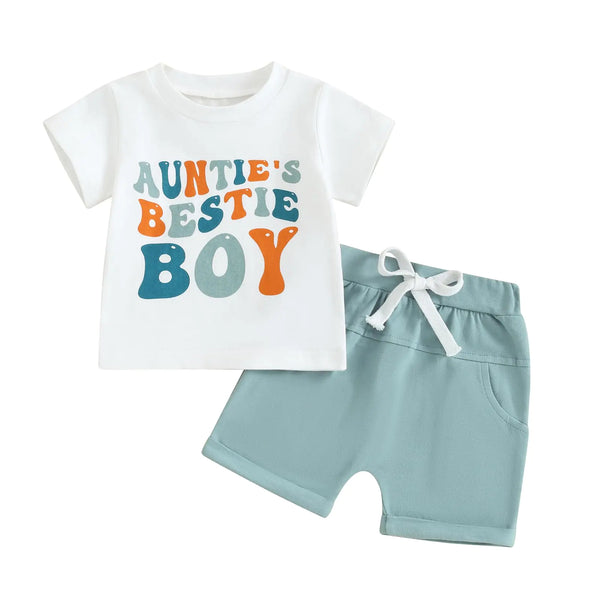 GINEVSAL Aunties Baby Clothes Boy Girl Short Sleeve Crewneck Letter Shirt Tops Shorts Set Toddler Summer Clothes (Blue-auntie’s besties boy 18-24 Months)