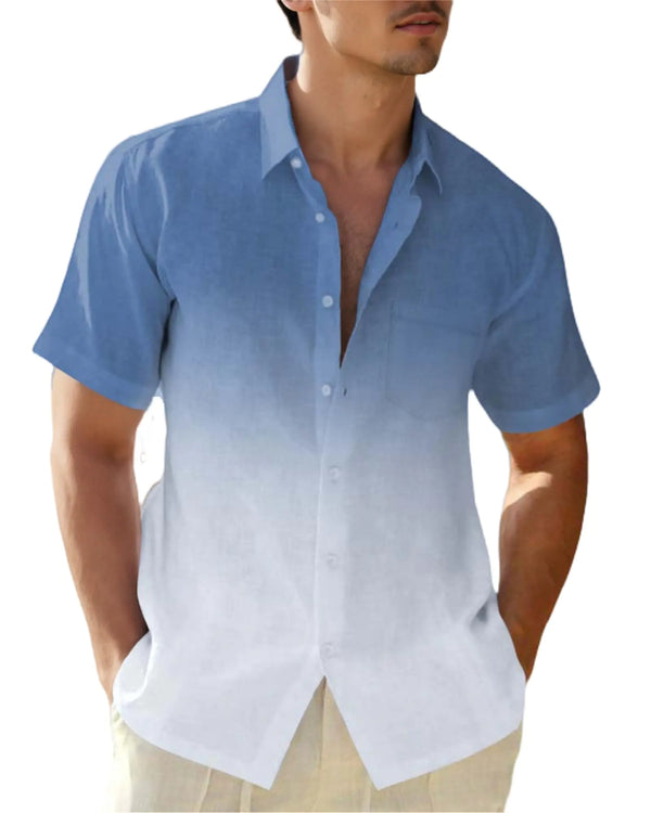 BLYLUXU Mens Gradient Linen Shirts Short Sleeve Button Down Shirt Hawaiian Summer Beach Casual T Shirts Navy Blue