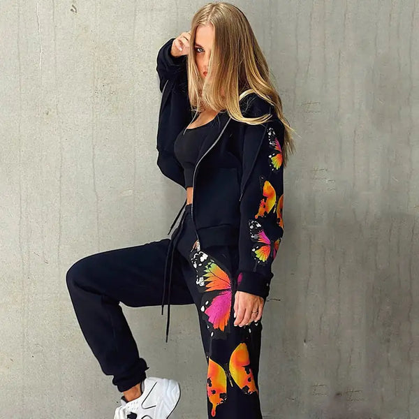 Women's Casual Sweater Suit with Butterfly Print Design