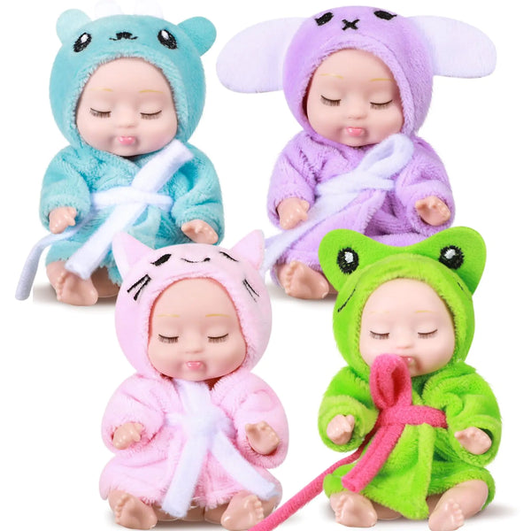 Hanaive 4 Pcs 4 Inch Mini Baby Dolls Lifelike Realistic Baby Dolls Animal Clothes Cute Tiny Babies Gifts for Kids Birthday Baby Shower (Robe Style)