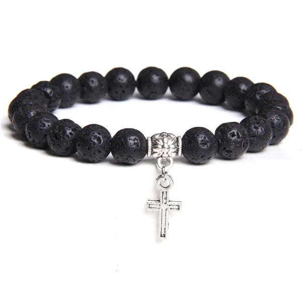 Black Agate and Volcanic Rock Beads Bracelet