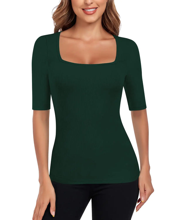 Soneven Womens Short Sleeve Polo Shirts Square Neck Fall Tops Ladies Ribbed Knit Fitted Casual Tops