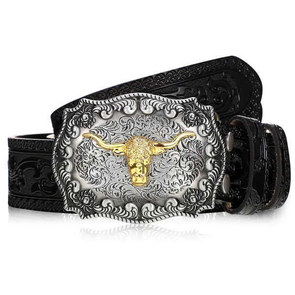 Jadive Western Leather Buckle Belts Longhorn Cow Pattern Buckle Belt Floral Engraved Buckle Belt for Men(41 InchBlack)