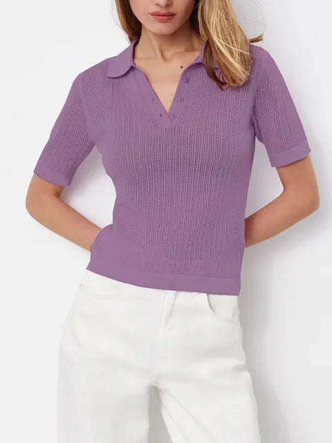 Elegant Purple Short Sleeve Knitted Polo T-Shirt for Women