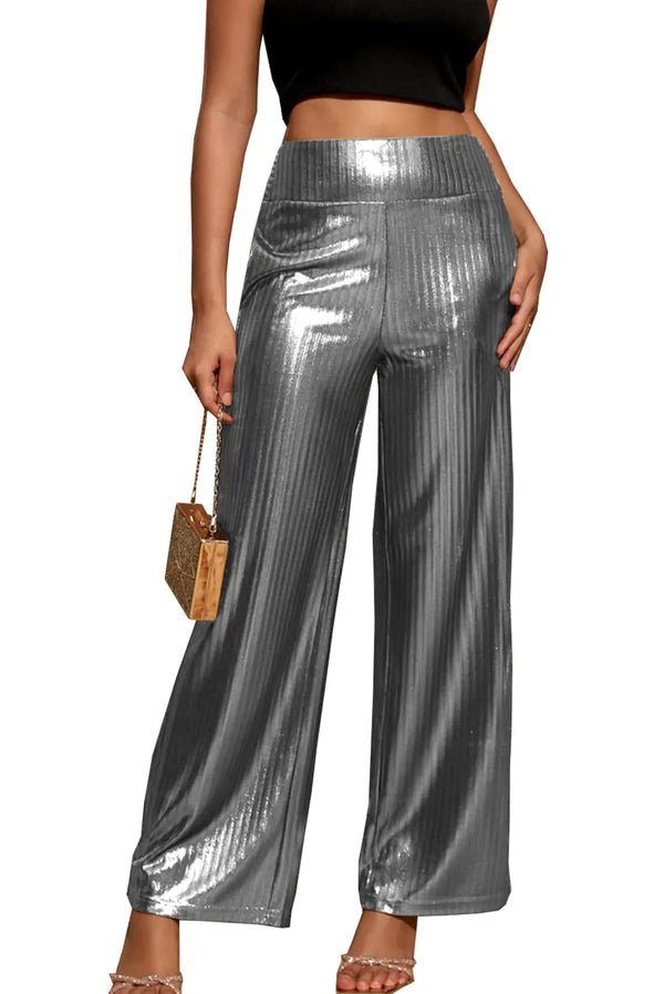 heipeiwa Womens Metallic Wide Leg Palazzo Pants Rib Pleated Smocked Waist Party Club Sequin Slacks Pant