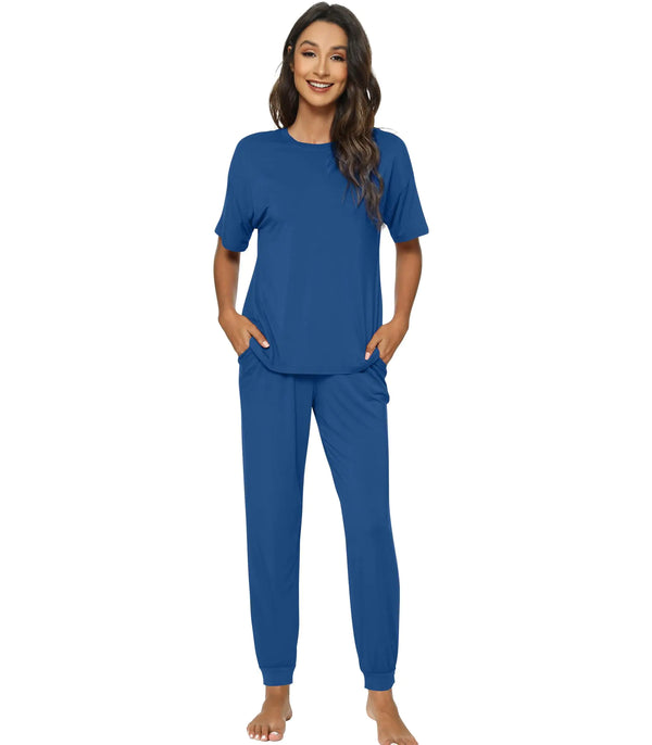 WiWi Viscose from Bamboo Pajamas Set for Women Short Sleeve Loungewear 2 Piece Outfit Long Pants Jogger Sets S-XXL Prussian Blue Medium