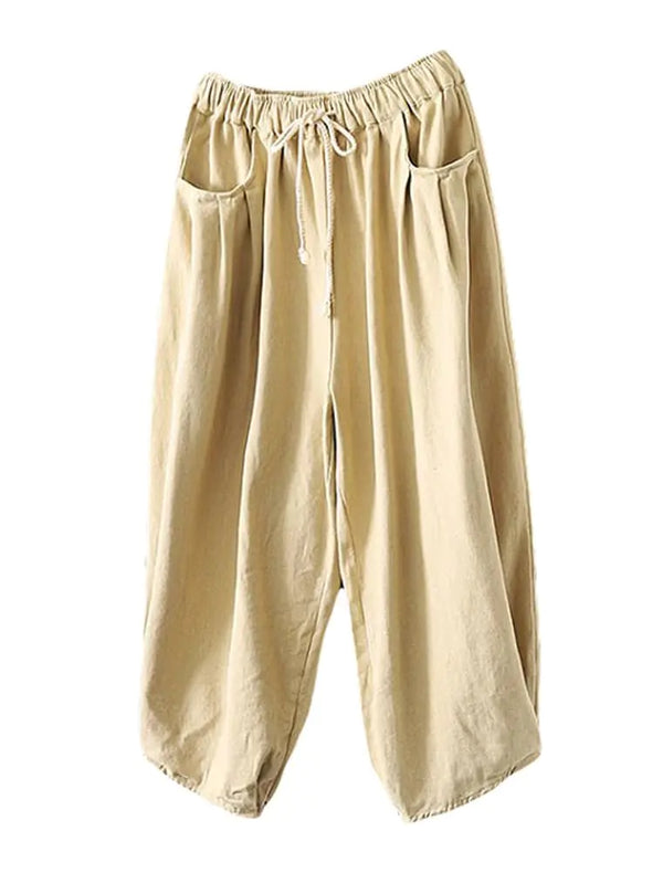 Minibee Womens Baggy Harem Pants Wide Leg Casual Pant Summer Cotton Drawstring Trousers with Pockets Beige M