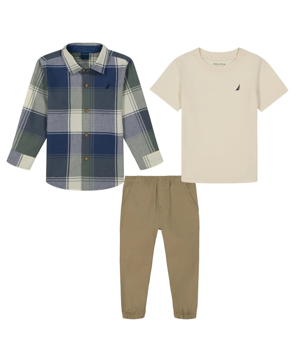 Nautica Boys 3pc Shirt/Tee/Woven Pant Set Plaid/Turtledove/Carmelize