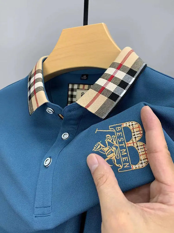 Men's Solid Color Long Sleeve Embroidered Polo Shirt
