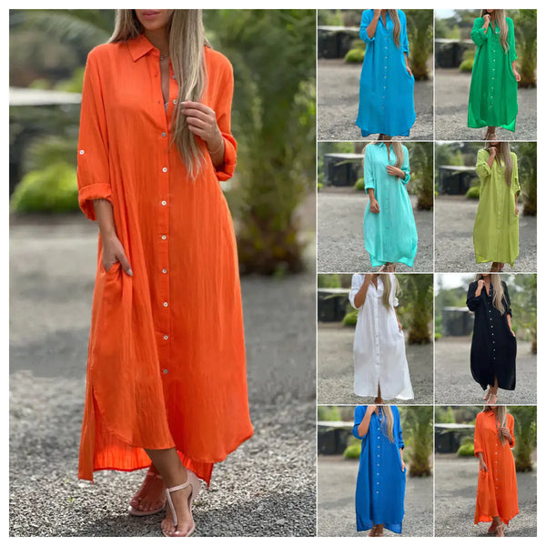 Deep V Cotton-Linen Dress, Long Sleeve Split Maxi Dress