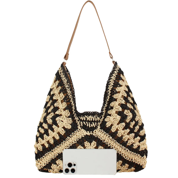 Straw Hobo Bags for Women Boho Aztec Shoulder Bag Woven Hobo Purse Designer Beach Bag for Summer Holiday Work(black1 with Khaki strap)