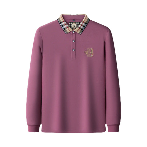 Men's Solid Color Long Sleeve Embroidered Polo Shirt