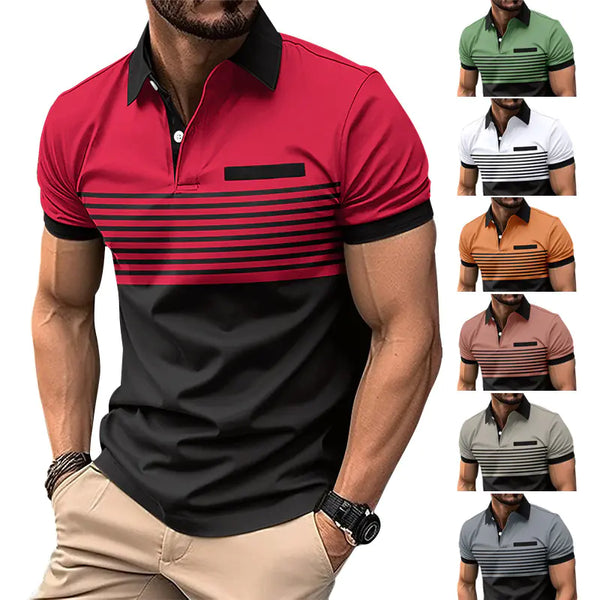 Men's Casual Polo Shirt with Pocket and Striped Design