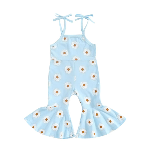 ZAXARRA Toddler Baby Girl Clothes Baby Girl Jumpsuit Romper Baby Overalls Straps Bell-Bottom Pants Baby Fall Summer Outfits (Blue flower 18-24 Months)