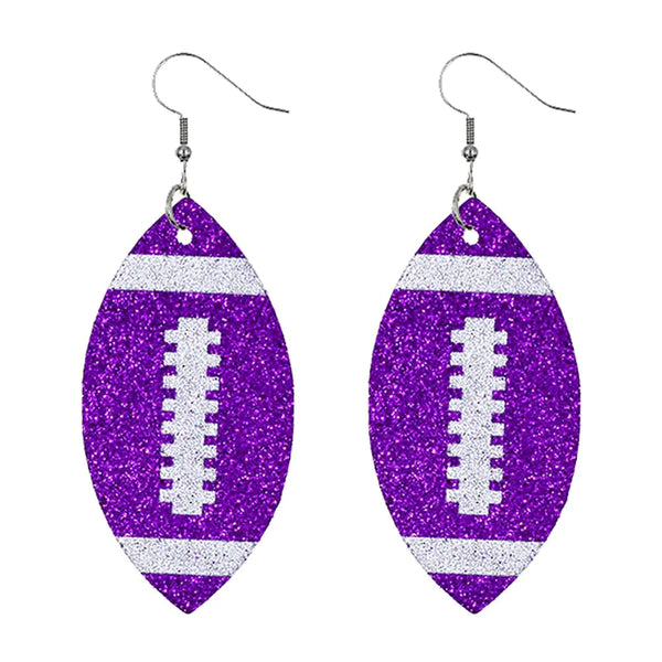 Glitter Faux Leather Football Drop Dangle Earrings for Women Gift Accessories Football Jewelry for Moms-Purple