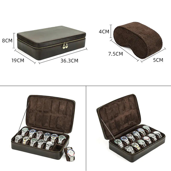 Vintage Handmade Leather Watch Box for 12 Watches