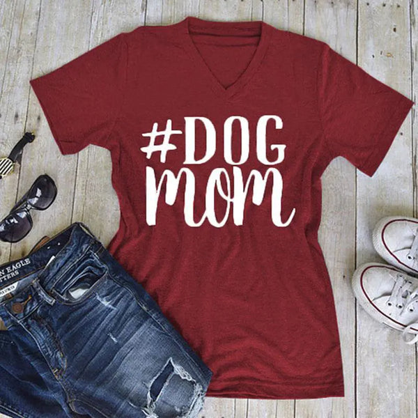V-Neck Short Sleeve Women's T-Shirt - DOG MOM Print