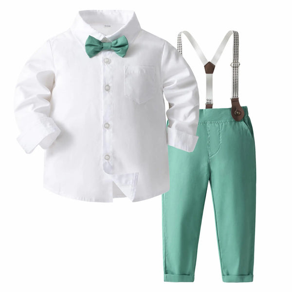 Kimocat Baby Boy Clothes Gentleman Clothing Suit for Newborn Baby Bow Tie Shirt + Suspender Trousers (Green pants 18-24 Months)
