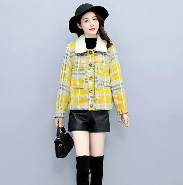 Women's Plaid Tweed and Velvet Thick Jacket