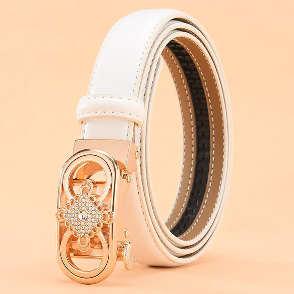 Women's Genuine Leather White Belt with Automatic Buckle