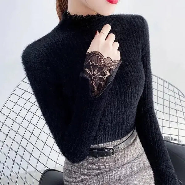 Y2K Women's Knitted Wool Sweater with Standing Collar