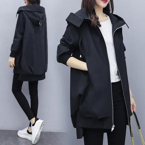 Casual Hooded Mid-Length Trench Coat