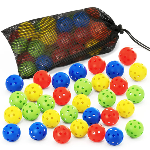 JAYA Practice Golf Balls 32 Pack Limited Flight Golf Balls 42mm Hollow Golf Training Balls Plastic Airflow Golf Practice Balls for Indoor Outdoor Mixed Color