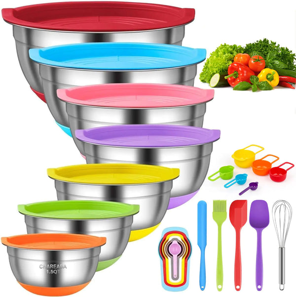 CHAREADA Mixing Bowls with Airtight Lids 18pcs Stainless Steel Nesting Colorful Mixing Bowls Set Non-slip Silicone Bottom Size 7 5.5 4 3.5 2.5 2 1.5 qt Fit for Mixing & Serving