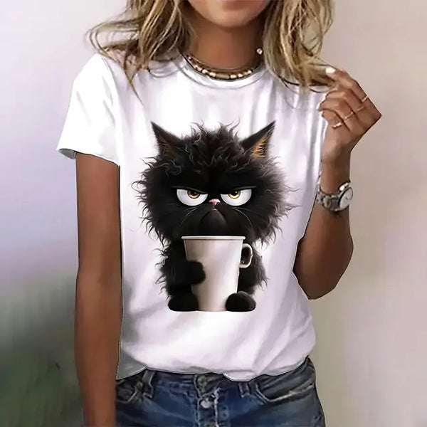 3D Cat Kawaii Print Women's T-Shirt - Summer Fashion