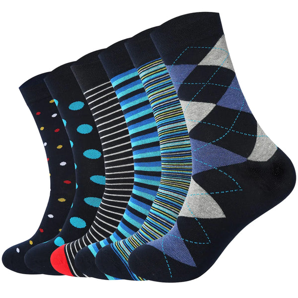 NKMOOS Men Dress Socks Mens Funny Blue Argyle Cotton Colorful Socks Novelty Striped Patterned Crew Socks for Men 6 Pack Size 9-11