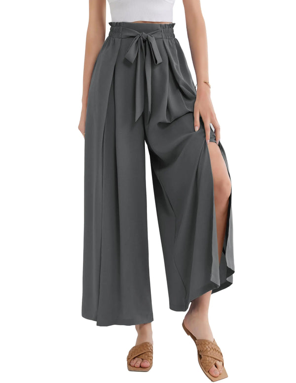 GRACE KARIN Wide Leg Pants for Women High Waisted Business Casual Pants Work Pants Loose Slit Flowy Summer Beach Pants with Pockets Dark Grey L