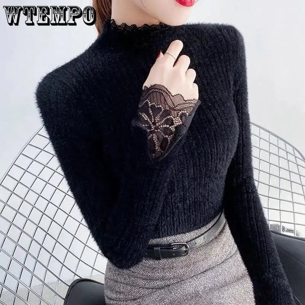 Y2K Women's Knitted Wool Sweater with Standing Collar