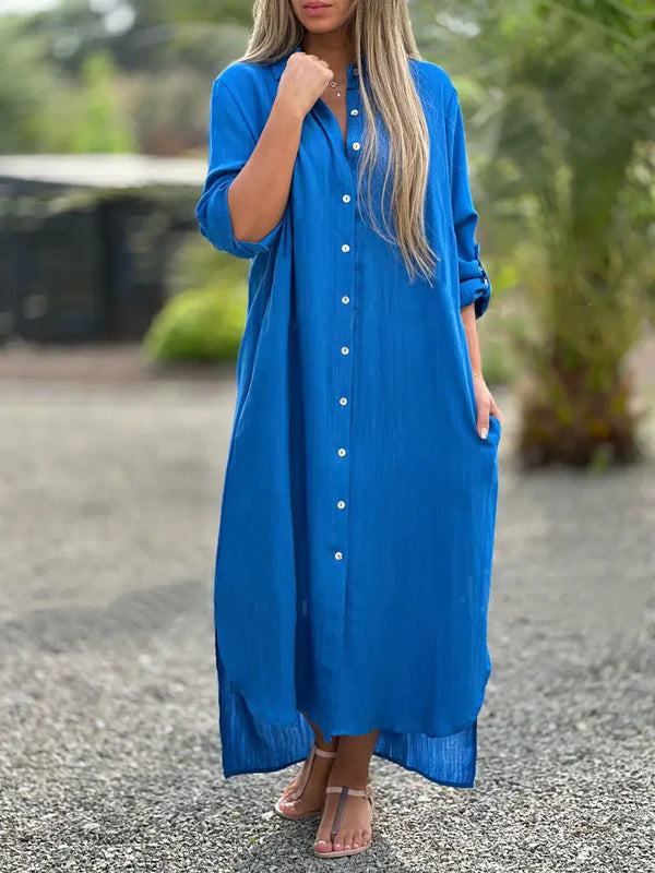 Deep V Cotton-Linen Dress, Long Sleeve Split Maxi Dress