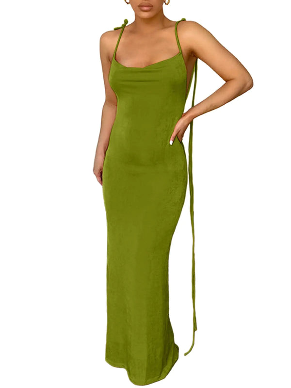 Women’s Sexy Spaghetti Strap Backless Cami Dress Bodycon Summer Party Cocktail Formal Halter Sundress Olive