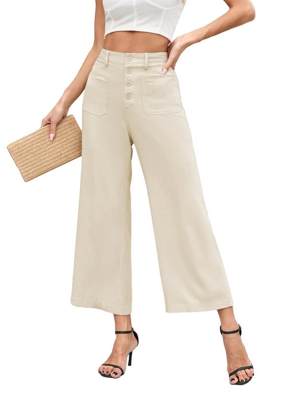 Famulily Beige Capri for Women Casual Linen Capri Pant Wide Leg Cropped Pants with Pockets High Waist Pants Beige L