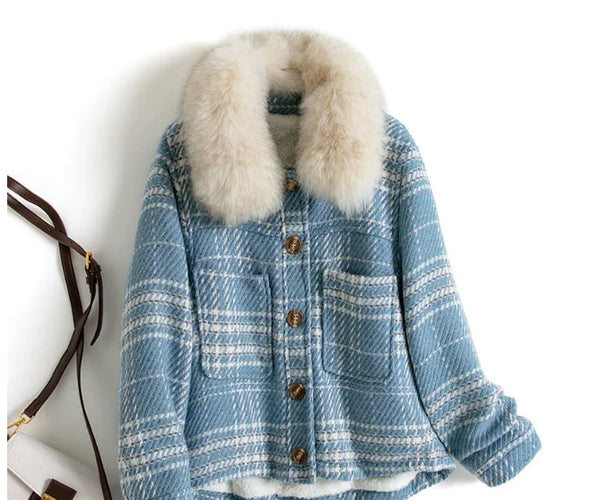 Women's Plaid Tweed and Velvet Thick Jacket