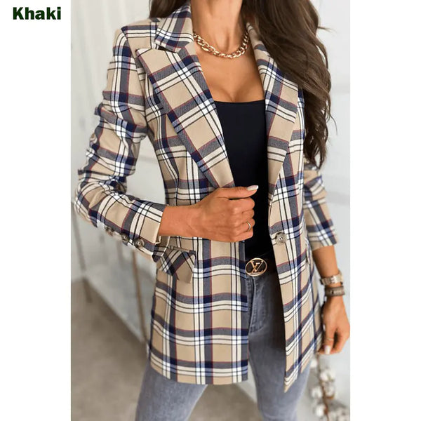 Women's Long-Sleeved Plaid Print Jacket Suit